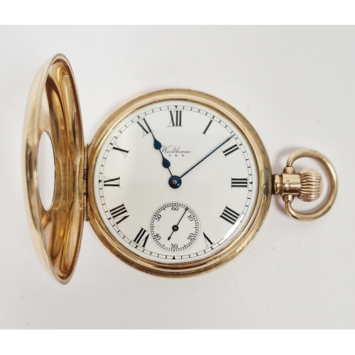 456 - 9ct gold cased Waltham half hunter pocket watch, the enamel dial with Roman numerals denoting hours,... 