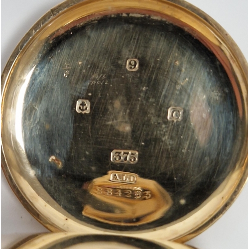 456 - 9ct gold cased Waltham half hunter pocket watch, the enamel dial with Roman numerals denoting hours,... 