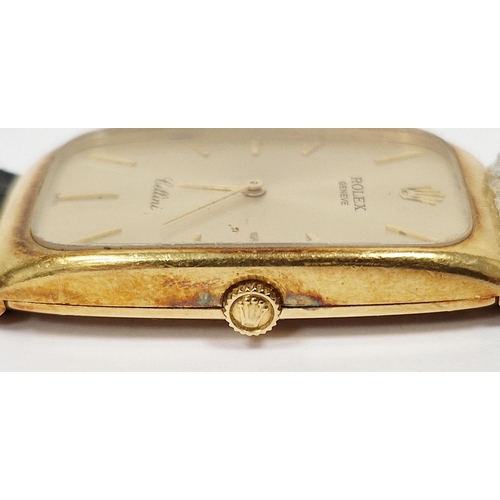 457 - Rolex Cellini 18ct gold cased manual wind wristwatch, the rounded rectangular dial with raised gilt ... 