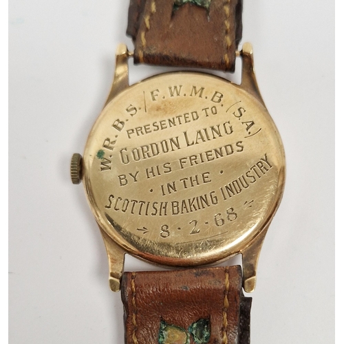 464 - 9ct gold cased Record manual wind wristwatch, the dial with alternating baton and Arabic hour marker... 