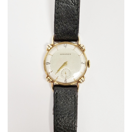 467 - Vintage Longines 14ct gold cased wristwatch, the silvered dial with baton and quarter hour Arabic ma... 