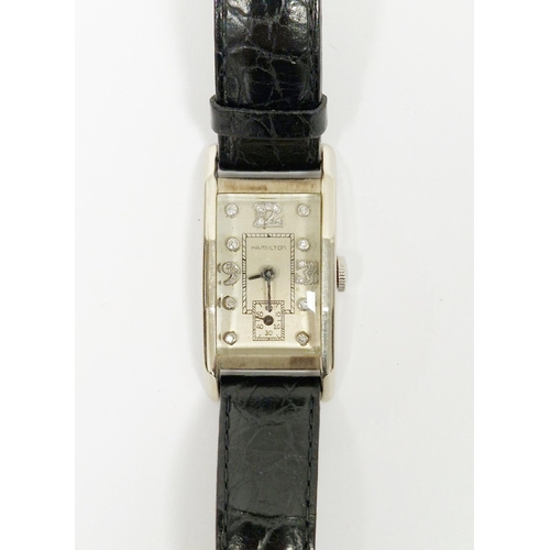 468 - Vintage Hamilton 14ct white gold cased wristwatch, the rectangular dial with diamond set hour marks,... 