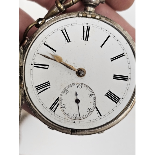 473 - Victorian silver cased open face pocket watch, the enamel dial with Roman numerals denoting hours, s... 