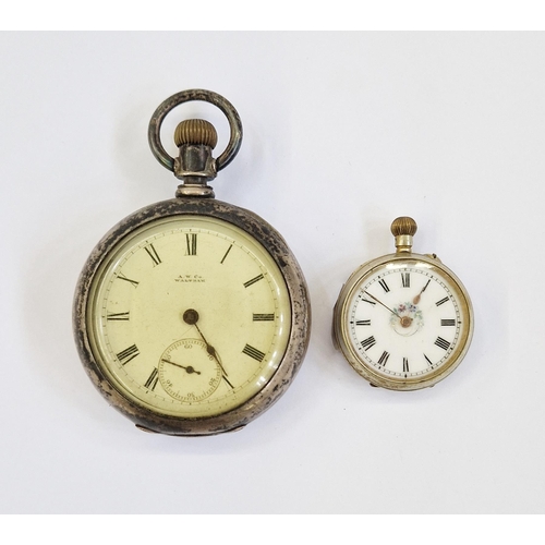 489 - Waltham silver-coloured metal open-faced pocket watch, button winding with subsidiary seconds dial, ... 