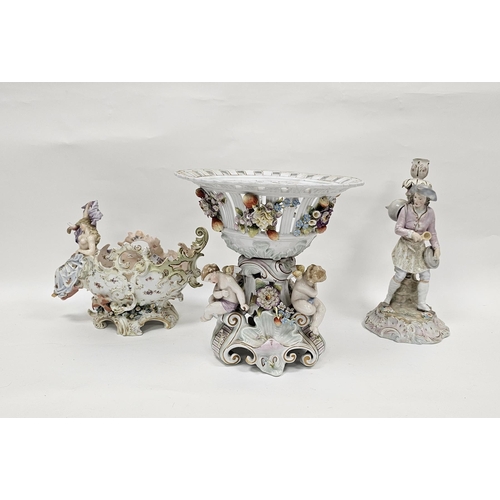 49 - Sitzendorf porcelain centre bowl, the fluted pierced basket top, floral encrusted the base with thre... 