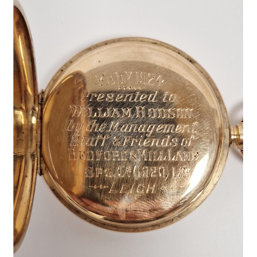 493 - Early 20th century 9ct gold full hunter pocket watch, the enamel dial having Roman numerals denoting... 