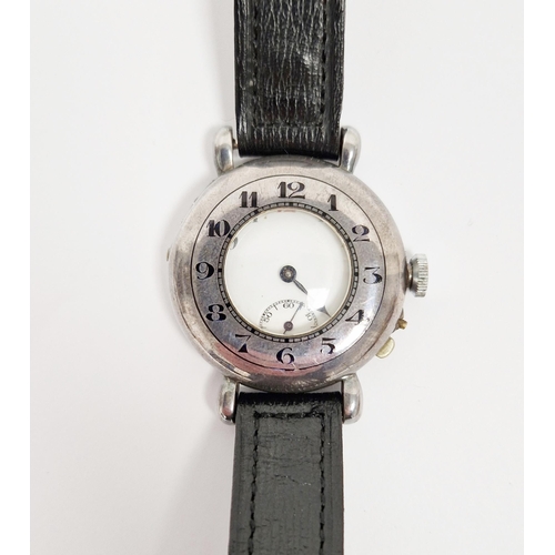 494 - Early 20th century silver half hunter wristwatch, the enamel dial with Roman numerals denoting hours... 