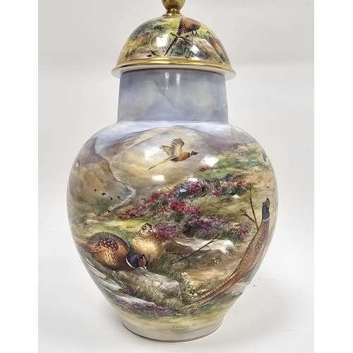 50 - Contemporary bone china oviform vase with domed cover, painted by Wendy Ann White, printed scroll an... 