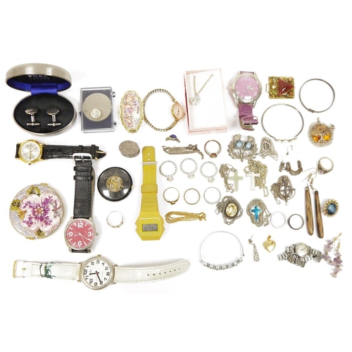 507 - A quantity of costume jewellery to include silver and amber disc pendant with flowering tree decorat... 