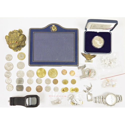 510 - LOT WITHDRAWN
Diamante spray brooch, silver commemorative coin, Philip Stein gents stainless steel w... 