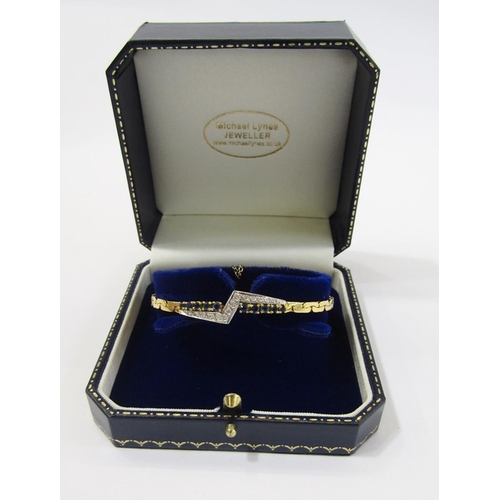 528 - 18ct gold sapphire and diamond bracelet having abstract band of diamonds flanked by 10 graduated cla... 