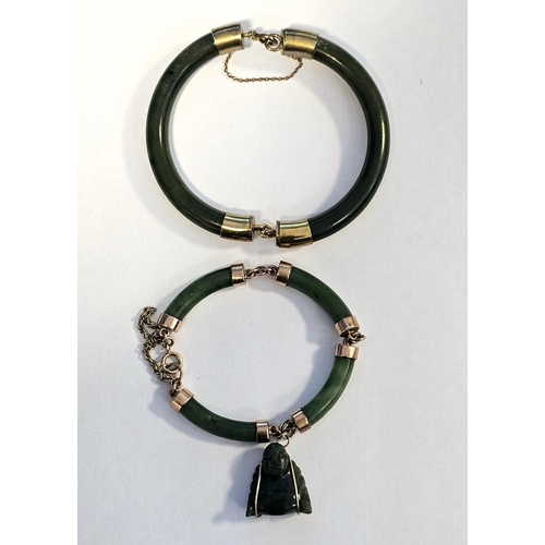 540 - Oriental gold-coloured metal and jade bracelet, four-bar with jade carved Buddha pendant and another... 