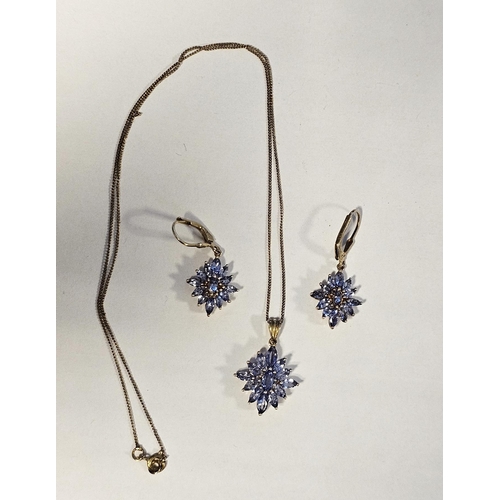 541 - Pair silver-gilt and lavender stone set pendant earrings set with elliptical stones in cluster patte... 