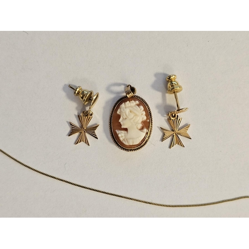 542 - 9ct gold small cameo pendant, oval, pair of 9ct gold Maltese Cross earrings and a fine 9ct gold chai... 