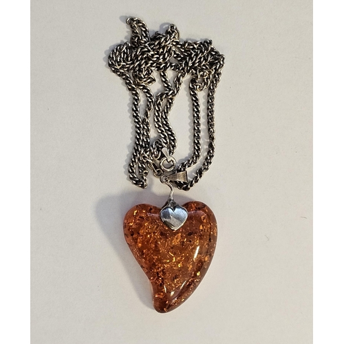 543 - Amber-style heart-shaped pendant on silver curb link chain