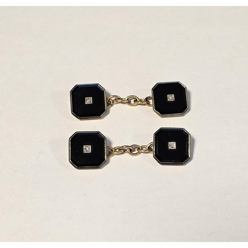 544 - Pair gold-coloured metal, black enamel and diamond chain-pattern cufflinks with cut-off square ends,... 