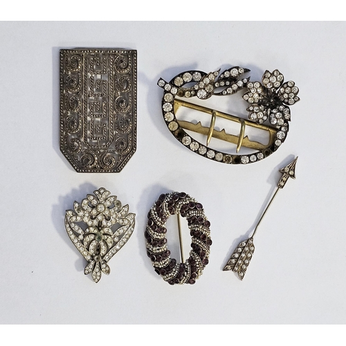 545 - Antique purple stone and seedpearl oval brooch, a paste set brooch and other paste set items