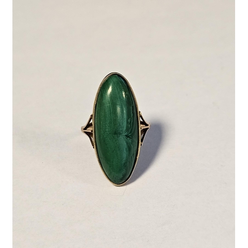 546 - Gold-coloured metal and malachite ring set elliptical shaped stone