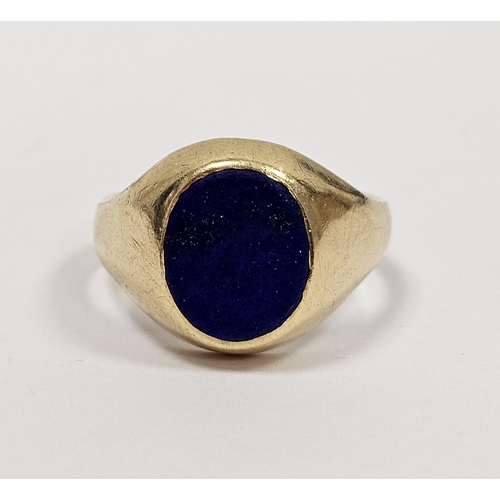 564 - 18ct gold and lapis lazuli signet ring set oval lapis, size S, 9.7g total approx