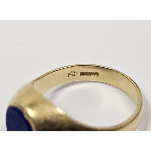 564 - 18ct gold and lapis lazuli signet ring set oval lapis, size S, 9.7g total approx