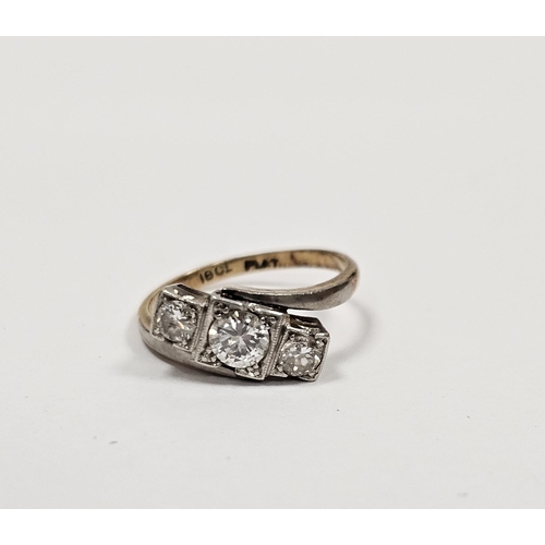 571 - 18ct gold and platinum three stone diamond ring, each circular diamond within square setting, centre... 