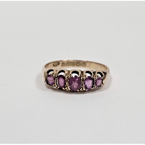 589 - Edwardian 9ct gold and pink stone ring set five graduating pink stones, possibly tourmaline, some we... 