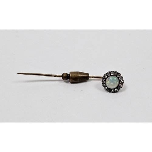 592 - Opal, diamond and gold-coloured metal stickpin with circular cabochon opal surrounded by small old c... 