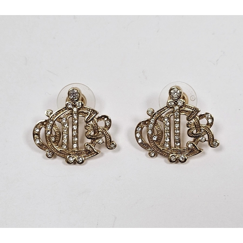 599 - Pair Christian Dior gilt metal and white paste costume earrings in the form of CDR monogram, with Ch... 