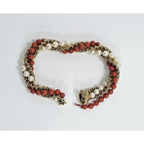 607 - 18K gold, cultured pearl and red coral bead bracelet, the spirally twisted gold herringbone link bra... 