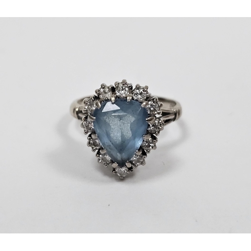 608 - White metal diamond and blue stone dress ring, pear shaped blue stone possibly aquamarine surrounded... 