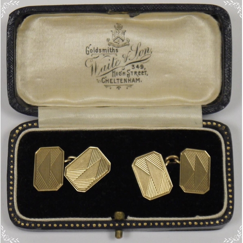 612 - 9ct gold double-rectangular and chain cufflinks in Waite & Son, Cheltenham, box