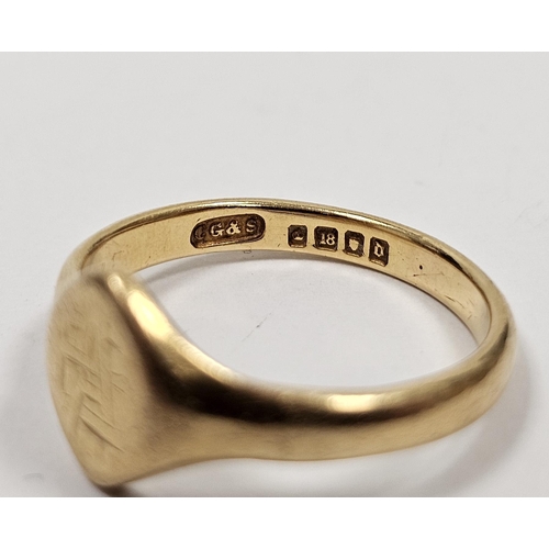 636 - 18ct gold small signet ring the elliptical top with worn monogram  4g approx, size N