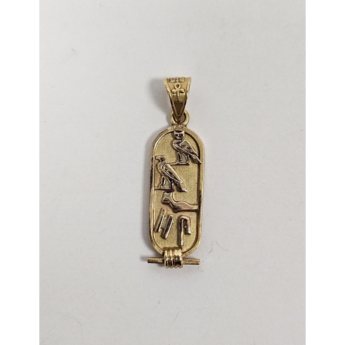 637 - Egyptian gold coloured metal pendant rounded rectangular decorated with hieroglyphics 3.2g approx