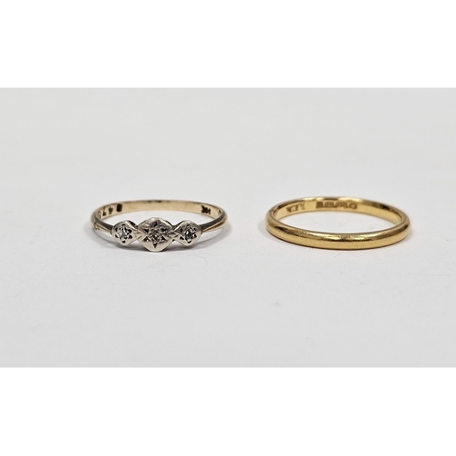 646 - 22ct gold wedding ring 2.5g approx and a 9ct gold and diamond three stone ring set three small stone... 