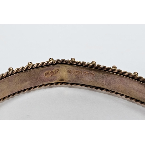 647 - 9ct gold bangle foliate engraved with rope twist border, some damage, 7.3g approx