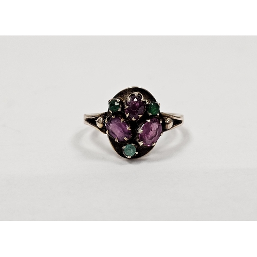 654 - Gold coloured metal pink and green stone set ring with three purple stones alternating with three ti... 