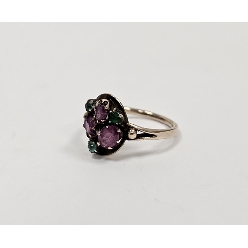 654 - Gold coloured metal pink and green stone set ring with three purple stones alternating with three ti... 