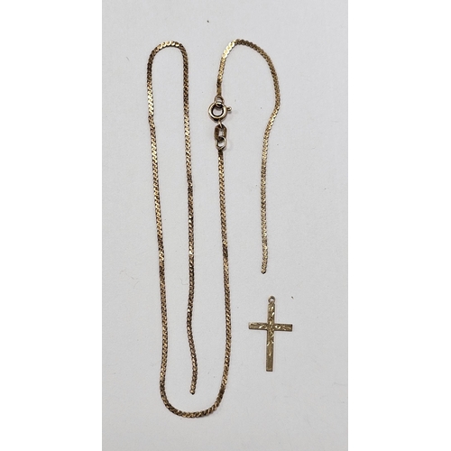 657 - 9ct gold flat cross pendant engraved and 9ct gold 'S' link chain, damaged. 3.2g total approx