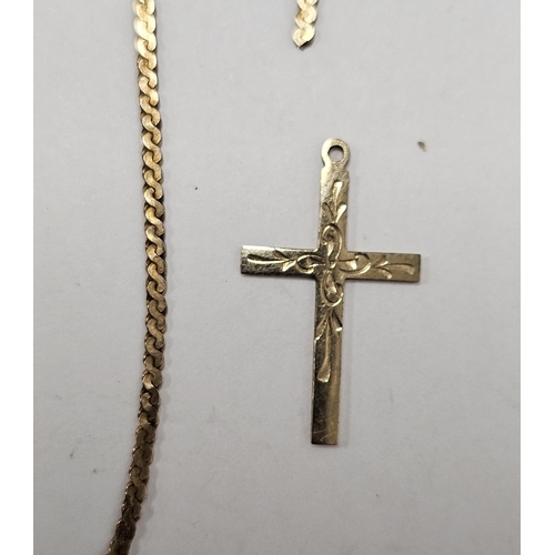 657 - 9ct gold flat cross pendant engraved and 9ct gold 'S' link chain, damaged. 3.2g total approx