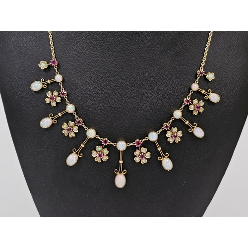 663 - Victorian 18ct gold ruby and opal fringe necklace, having seven double opal drops alternating with s... 