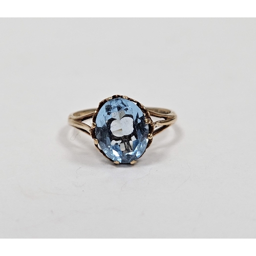 665 - 9ct gold and pale blue stone solitaire ring set oval facet cut stone, ring size L, approx 1.7g