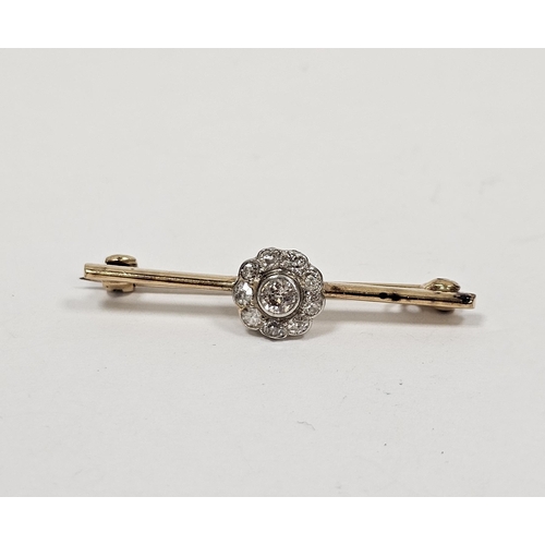 669 - Gold and diamond cluster bar brooch, the centre stone approx 1/3ct and having surround of nine small... 