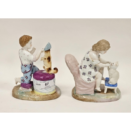 67 - Two continental porcelain figure groups, one of a boy kneeling in front of a stool feeding a dog wea... 