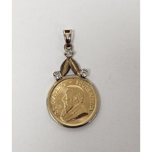 671 - 22ct gold 1/10 krugerrand 1981 mounted in a diamond set pendant, the leaf pattern suspension set thr... 