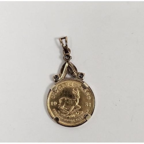 671 - 22ct gold 1/10 krugerrand 1981 mounted in a diamond set pendant, the leaf pattern suspension set thr... 