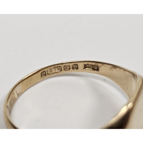 684 - Gentleman's 9ct gold signet ring with plain table 5.5g approx and a child's gold coloured metal bang... 