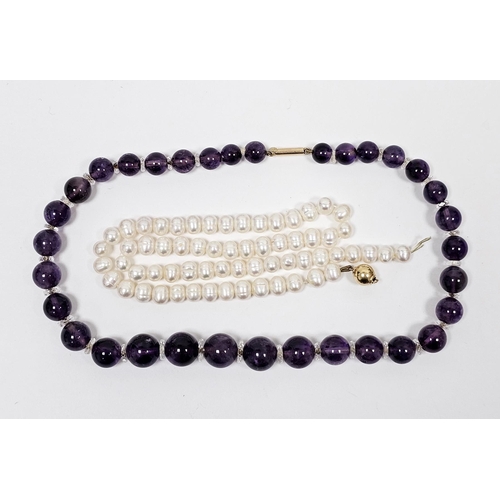 685 - Cultured pearl single strand necklace 16cm long (clasp missing) and an amethyst coloured bead neckla... 