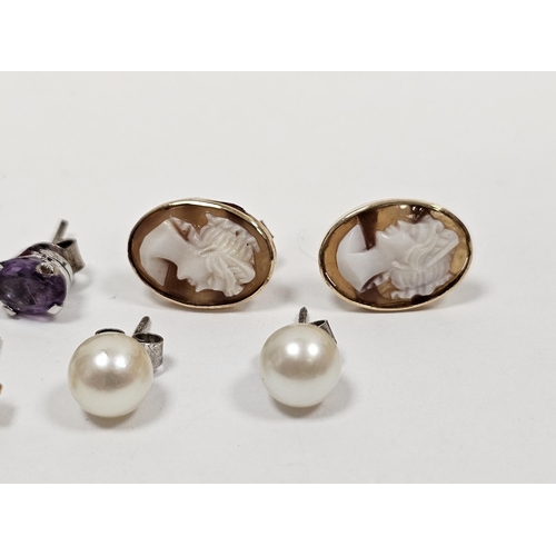 687 - Pair cultured pearl stud earrings in Harrods box, a pair of 9ct gold-mounted cameo earrings, oval, a... 