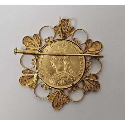 690 - 18ct gold mounted Victorian 1887 sovereign within stylised leaf and circle surround gross weight 15g... 