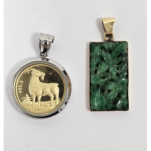 691 - Chinese carved green jade and yellow metal pendant, rectangular and carved with scrolling floral spr... 